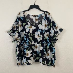 Shein Cutve sz:3X (18) Floral Tiered Ruffle Partial Crop Blouse Top Short Sleeve